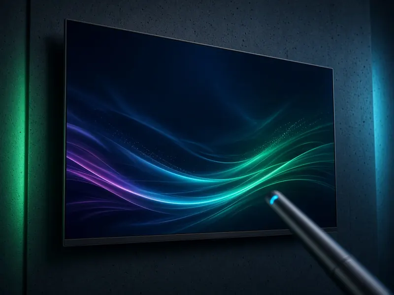 Smart TV fina presa na parede de um quarto à noite, com brilho azul suave