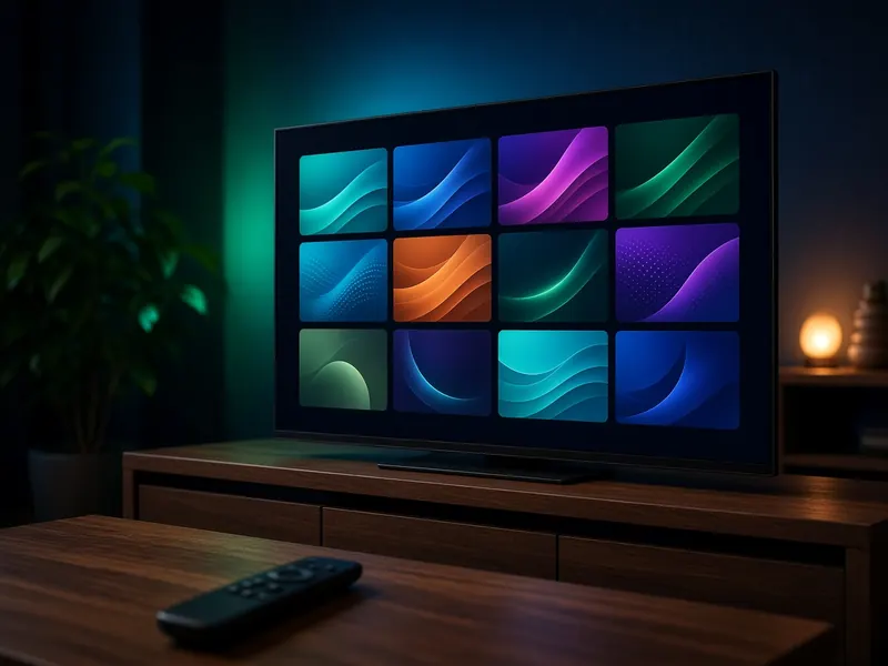 Smart TV moderna de tela grande sobre um móvel escuro, com luz ambiente verde e azul